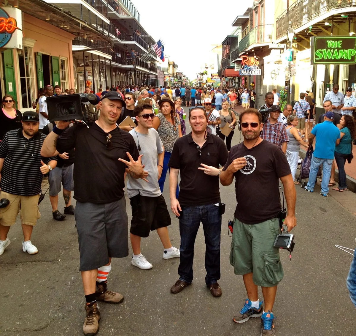 David Price and the Big Rich Texas production crew with camera and sound equipment on Bourbon Street.